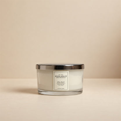 Hideaway Home Fragrances Spa Day 3 wick scented candle featuring refreshing eucalyptus, sea salt, and soft floral notes