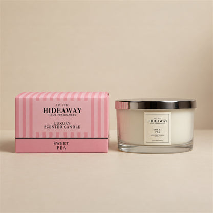 Hideaway Home Fragrances Sweet Pea 3 wick candle in glass jar with fresh floral scent