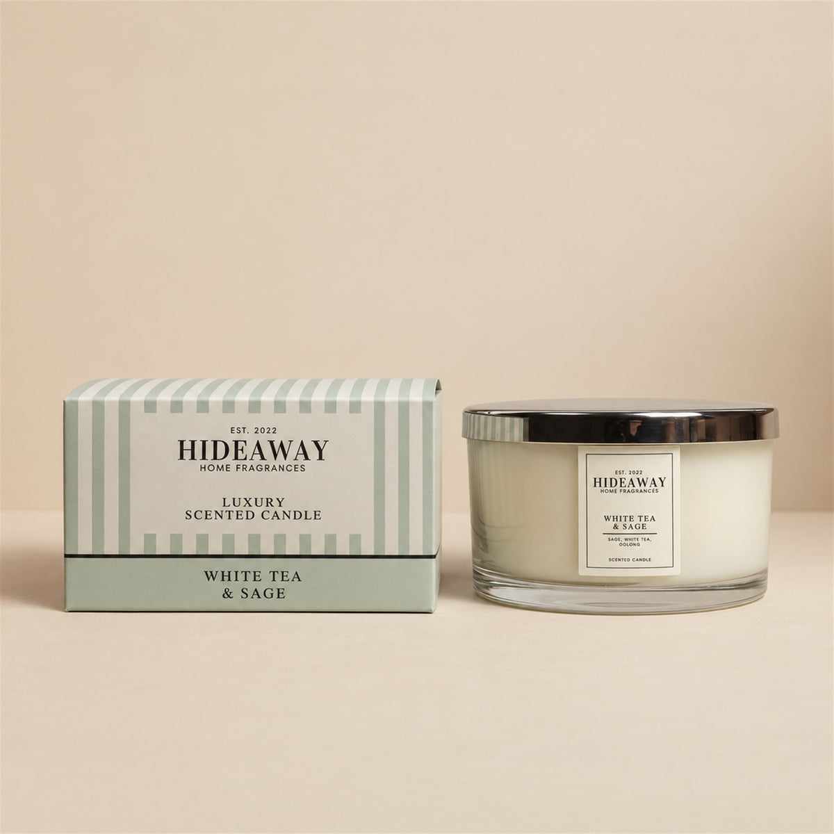 Hideaway Home Fragrances White Tea and Sage 3 wick candle in glass jar with fresh herbal scent
