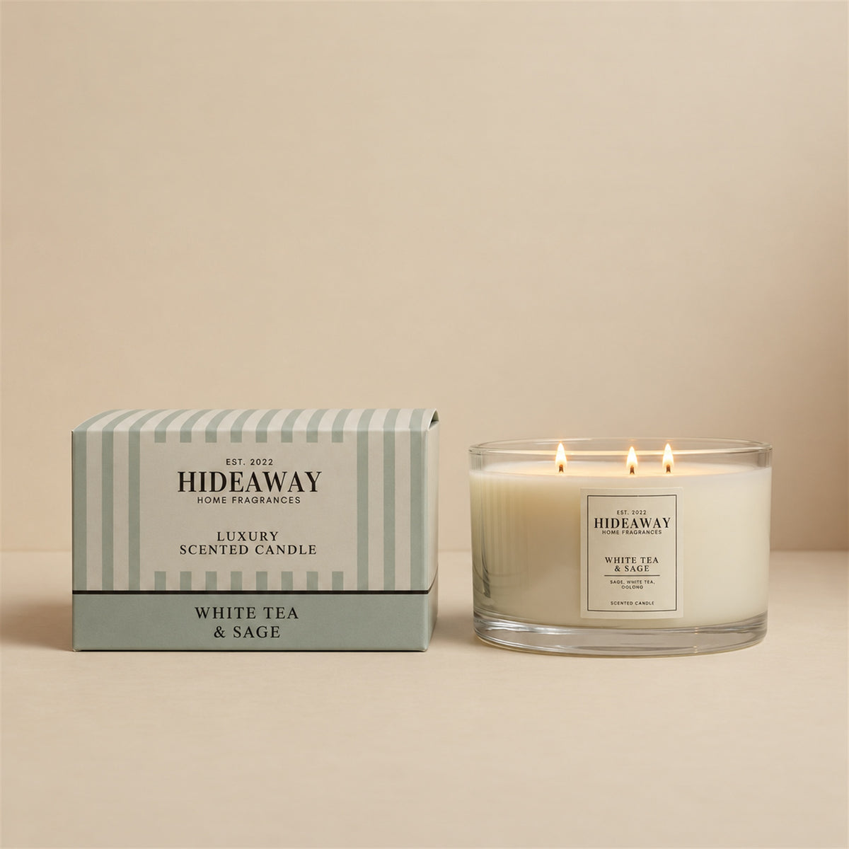 Hideaway Home Fragrances White Tea and Sage candle with sage, thyme, crisp mint, white tea, and oolong notes