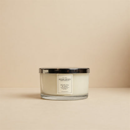 Hideaway Home Fragrances White Tea and Sage 3 wick scented candle featuring refreshing sage, delicate white tea, and smooth oolong