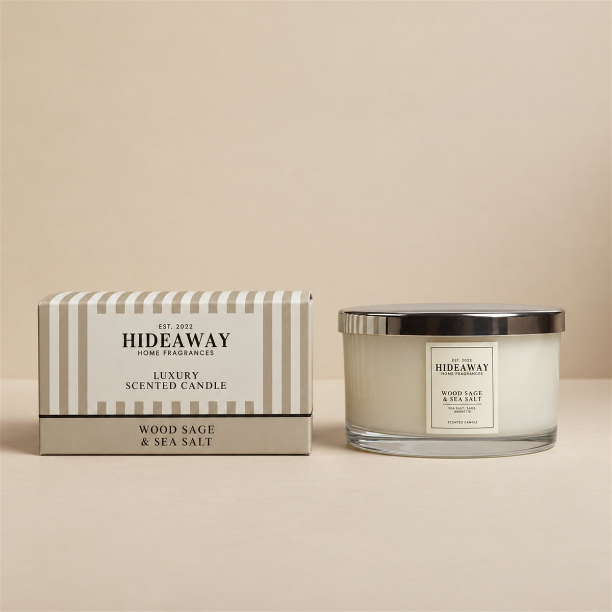 Hideaway Home Fragrances Wood Sage and Sea Salt 3 wick candle in glass jar with fresh coastal scent