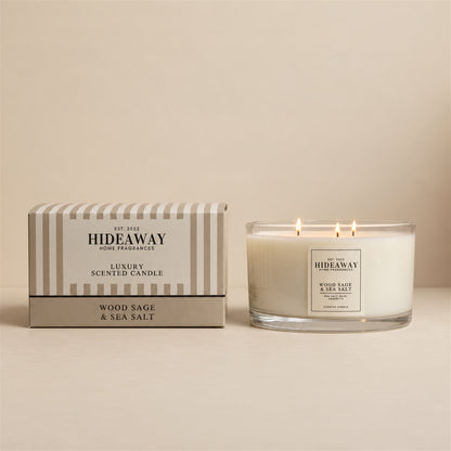 Hideaway Home Fragrances Wood Sage and Sea Salt candle with ambrette seeds, sea salt, ozone, sage, ambergris, and cedarwood notes