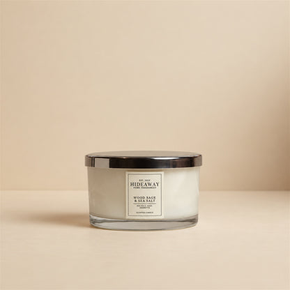 Hideaway Home Fragrances Wood Sage and Sea Salt 3 wick scented candle featuring refreshing sea salt, herbal sage, and earthy cedarwood