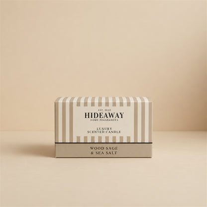 Luxury Hideaway Home Fragrances Wood Sage and Sea Salt 3 wick candle with citrus bergamot, ambrette seeds, herbal sage, and ambergris