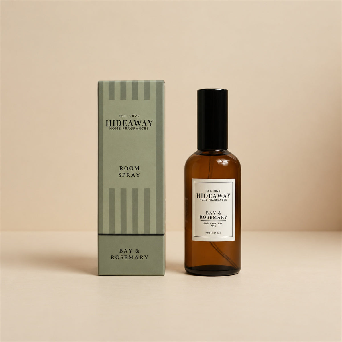 Hideaway Home Fragrances bay and rosemary room spray bottle featuring fresh bay leaf and pine needle botanical notes.
