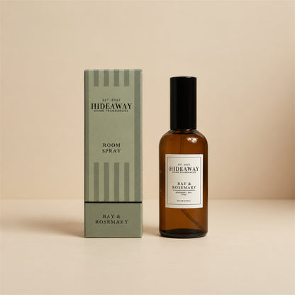 Hideaway Home Fragrances bay and rosemary room spray bottle featuring fresh bay leaf and pine needle botanical notes.
