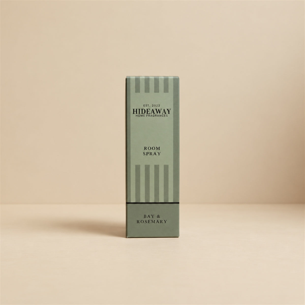 Hideaway Home Fragrances bay and rosemary room spray packaging displaying natural citrus, rosemary, and musk base notes.
