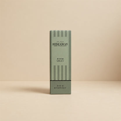 Hideaway Home Fragrances bay and rosemary room spray packaging displaying natural citrus, rosemary, and musk base notes.