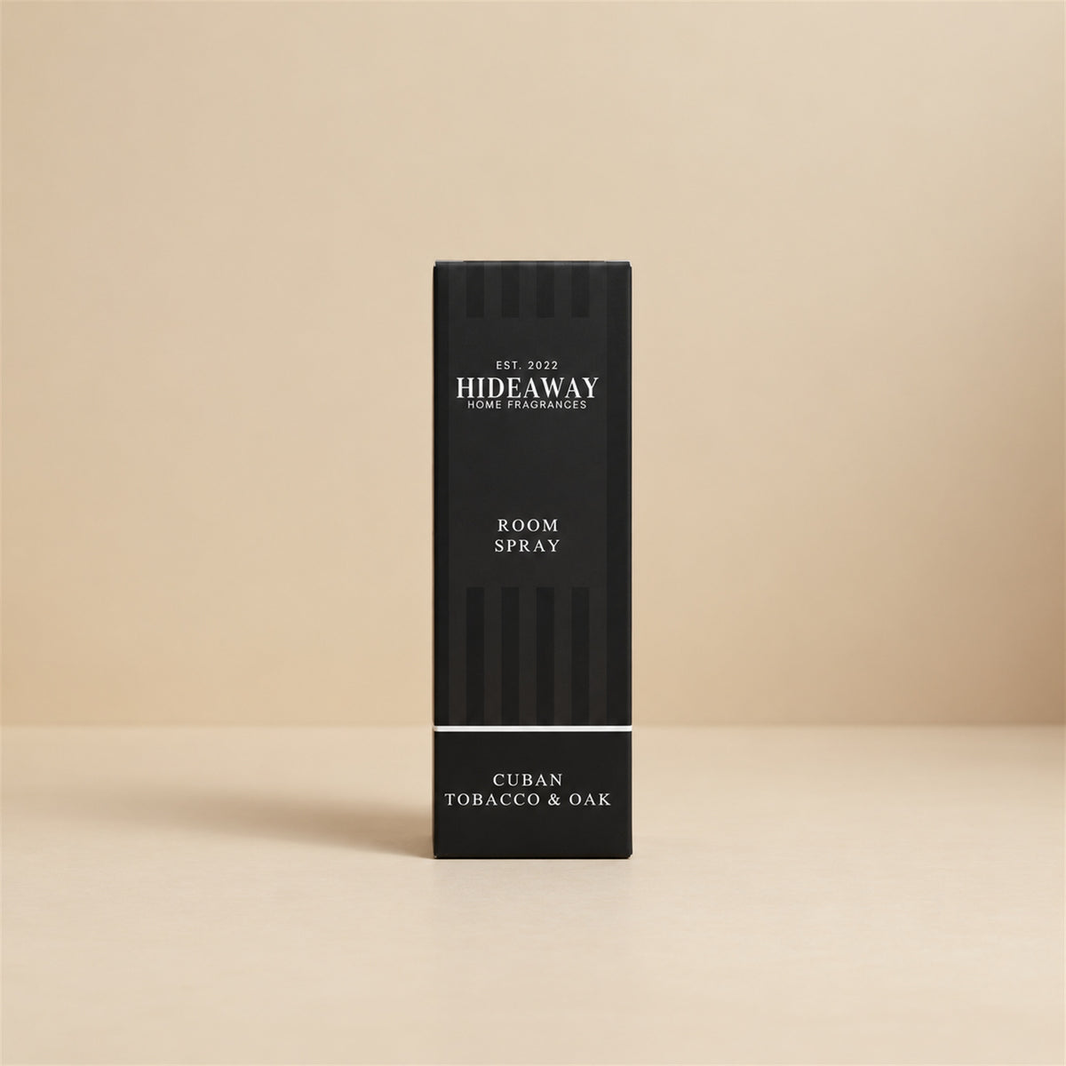 Packaged Hideaway Home Fragrances cuban tobacco and oak room spray bottle and luxury box ready for home gifting.