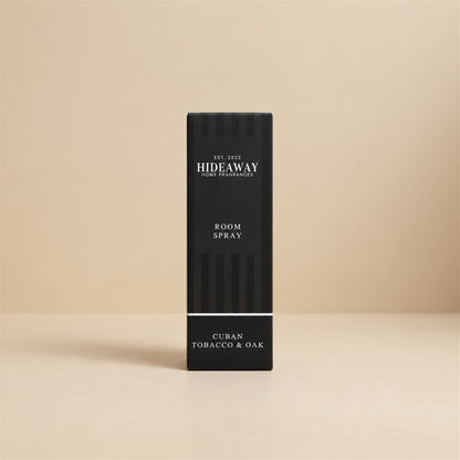 Packaged Hideaway Home Fragrances cuban tobacco and oak room spray bottle and luxury box ready for home gifting.