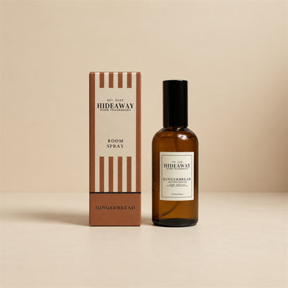 Hideaway Home Fragrances gingerbread room spray bottle isolated on a clean studio background.
