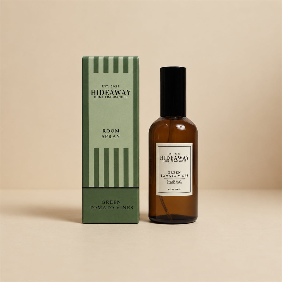 Hideaway Home Fragrances green tomato vines room spray bottle displayed against a clean, neutral background.
