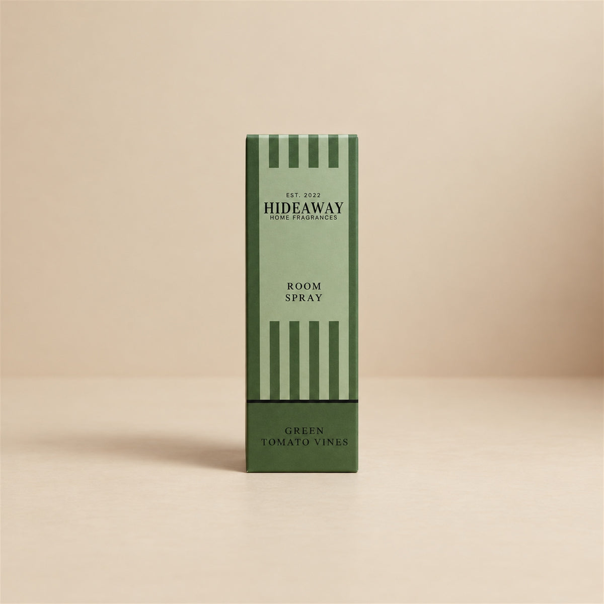 Box and bottle set of Hideaway Home Fragrances green tomato vines room spray showcasing garden-inspired musk and orchid base notes.