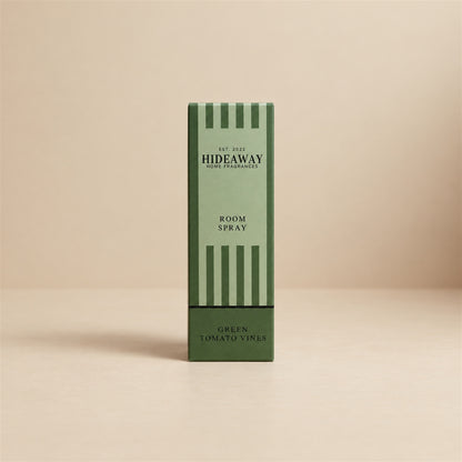 Box and bottle set of Hideaway Home Fragrances green tomato vines room spray showcasing garden-inspired musk and orchid base notes.