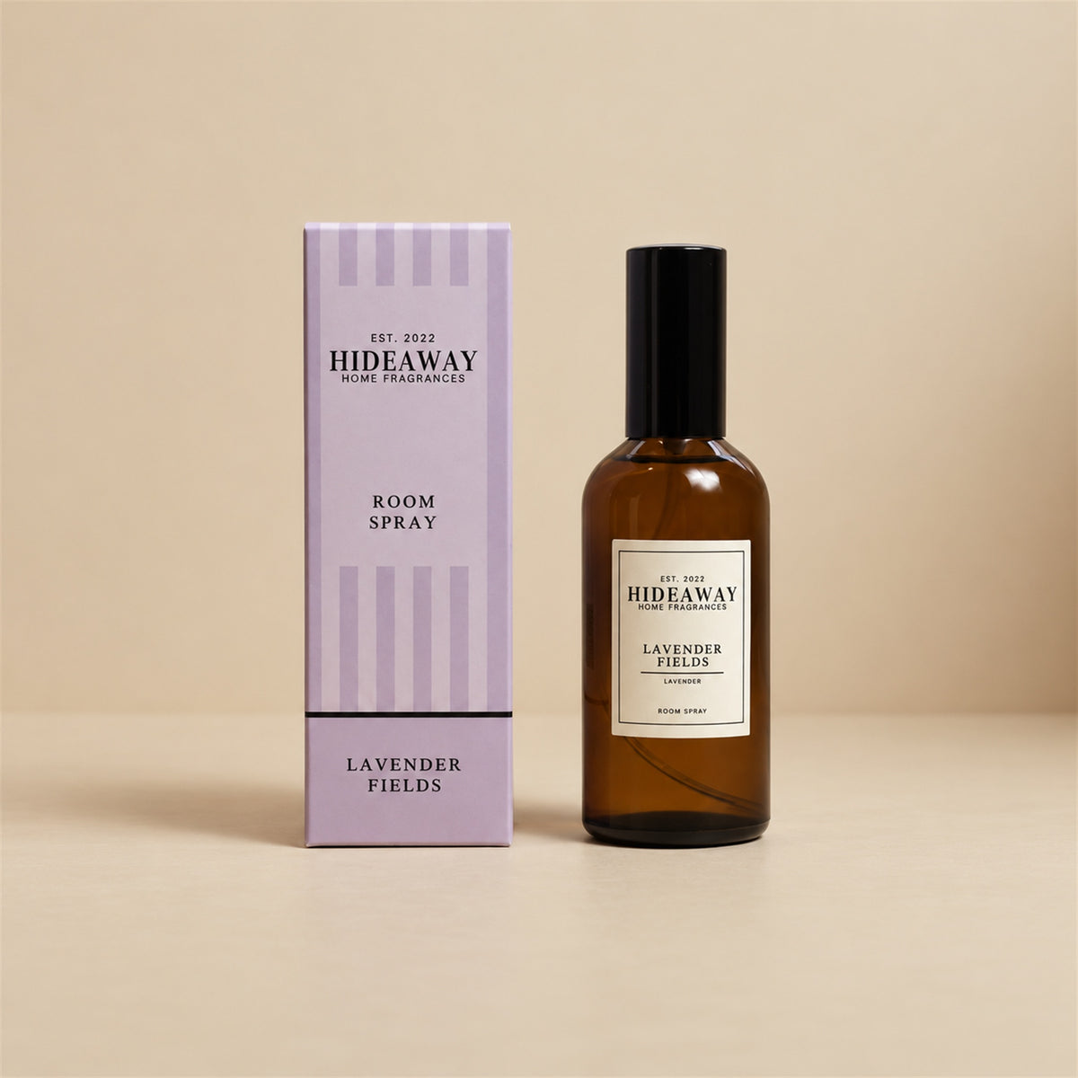 Hideaway Home Fragrances lavender fields room spray bottle presented on a clean, minimal white background.