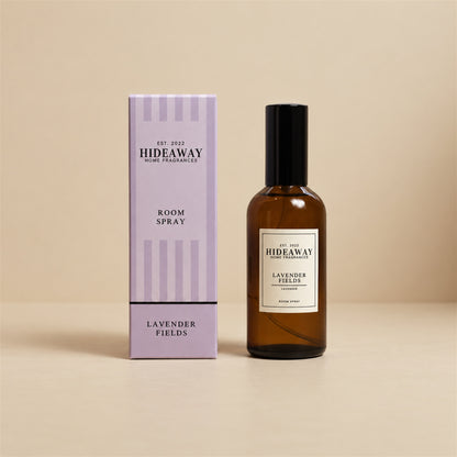 Hideaway Home Fragrances lavender fields room spray bottle presented on a clean, minimal white background.