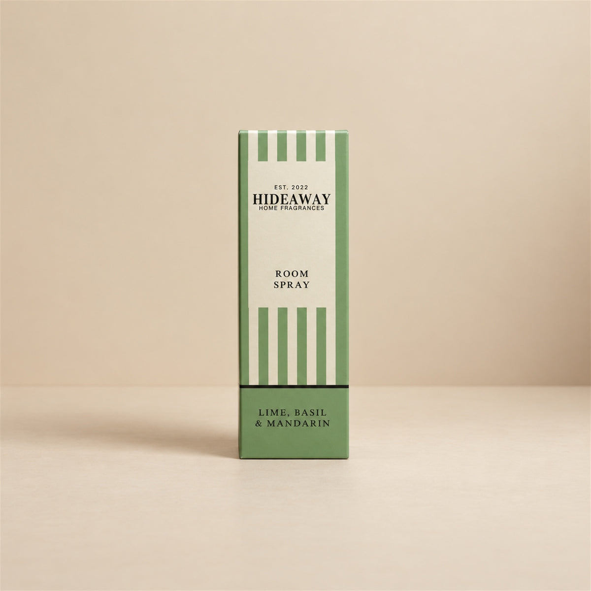 Packaged Hideaway Home Fragrances lime basil and mandarin room spray bottle with luxury gift box highlighting vibrant citrus and herbal notes.