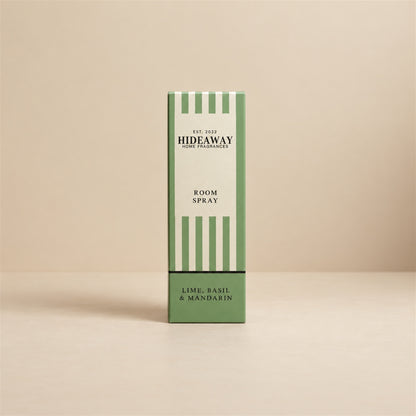 Packaged Hideaway Home Fragrances lime basil and mandarin room spray bottle with luxury gift box highlighting vibrant citrus and herbal notes.