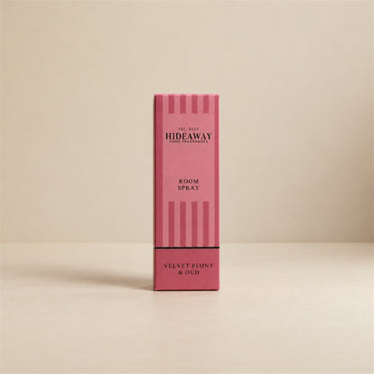 Luxury packaged gift box and matching bottle for Hideaway Home Fragrances velvet peony and oud room spray highlighting floral and woody oriental aromas.