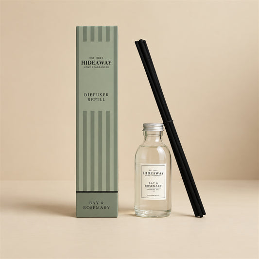Hideaway Home Fragrances bay and rosemary reed diffuser refill bottle with citrus, lavender, and pine notes