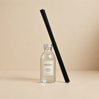 Refill bottle pouring bay and rosemary fragrance oil for Hideaway Home Fragrances reed diffuser top-up