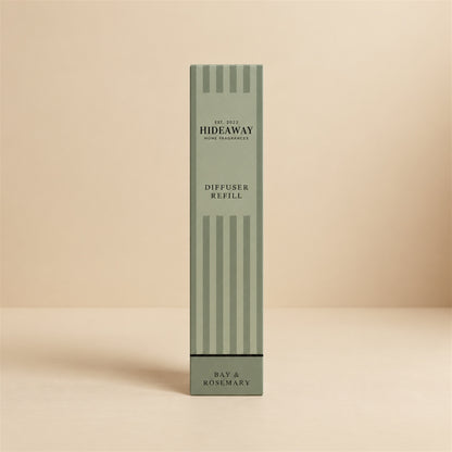 Fresh herbal bay and rosemary reed diffuser oil refill by Hideaway Home Fragrances on a wooden counter