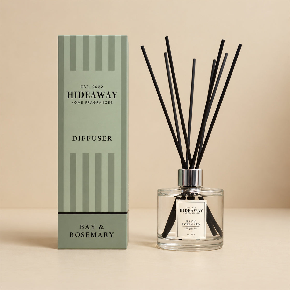 Hideaway Home Fragrances bay and rosemary reed diffuser with citrus, lavender, and pine notes in a room