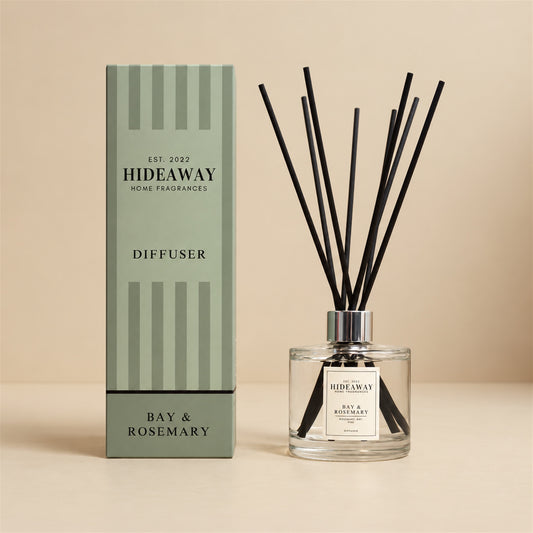 Hideaway Home Fragrances bay and rosemary reed diffuser with citrus, lavender, and pine notes in a room