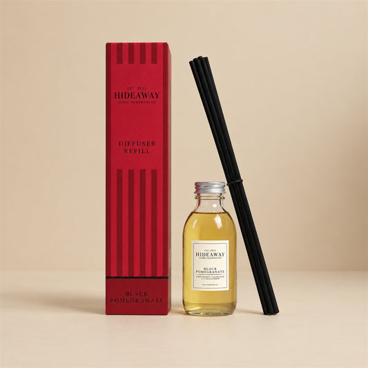 Hideaway Home Fragrances black pomegranate reed diffuser refill bottle with lily and guaiac wood notes