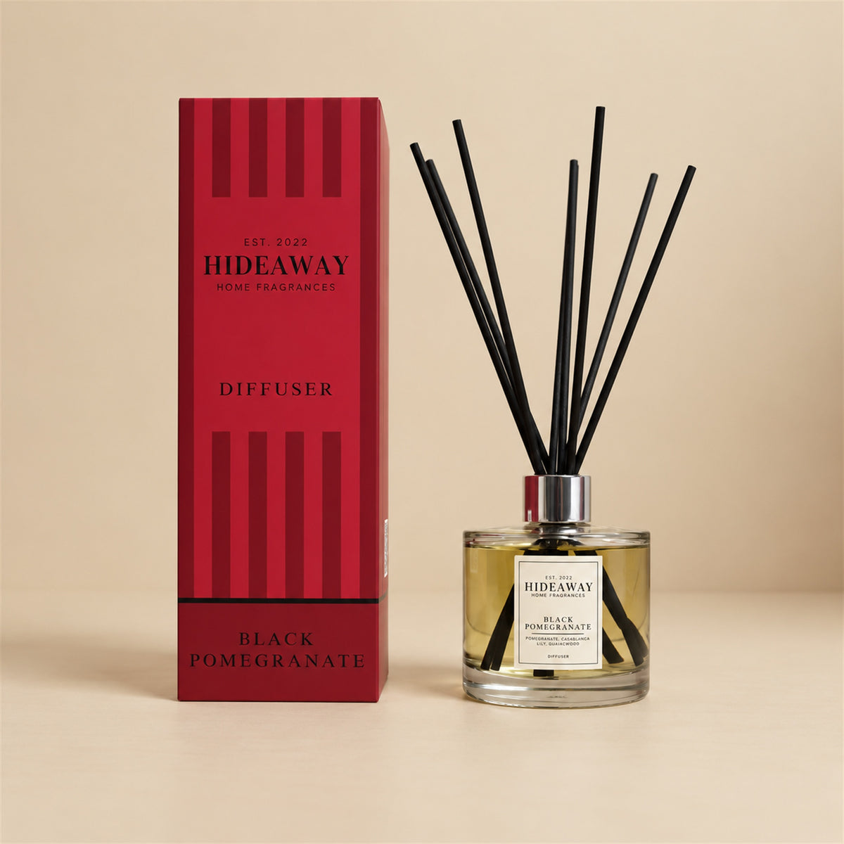 Hideaway Home Fragrances black pomegranate reed diffuser with lily and guaiac wood notes