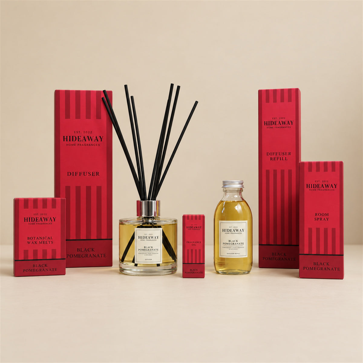 Hideaway Home Fragrances collection of reed diffusers, candles, wax melts, room sprays, and oils