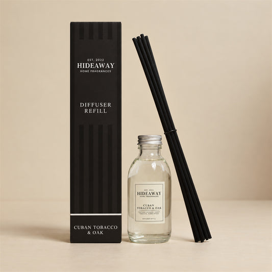 Hideaway Home Fragrances cuban tobacco and oak reed diffuser refill bottle with cognac, clove, and tobacco