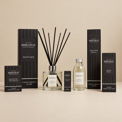 Hideaway Home Fragrances cuban tobacco and oak collection including diffusers, candles, wax melts, sprays, and oils
