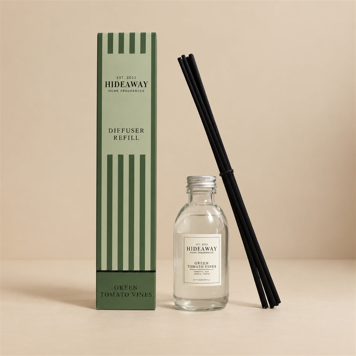 Hideaway Home Fragrances green tomato vines reed diffuser refill bottle with cassis and tomato leaf notes