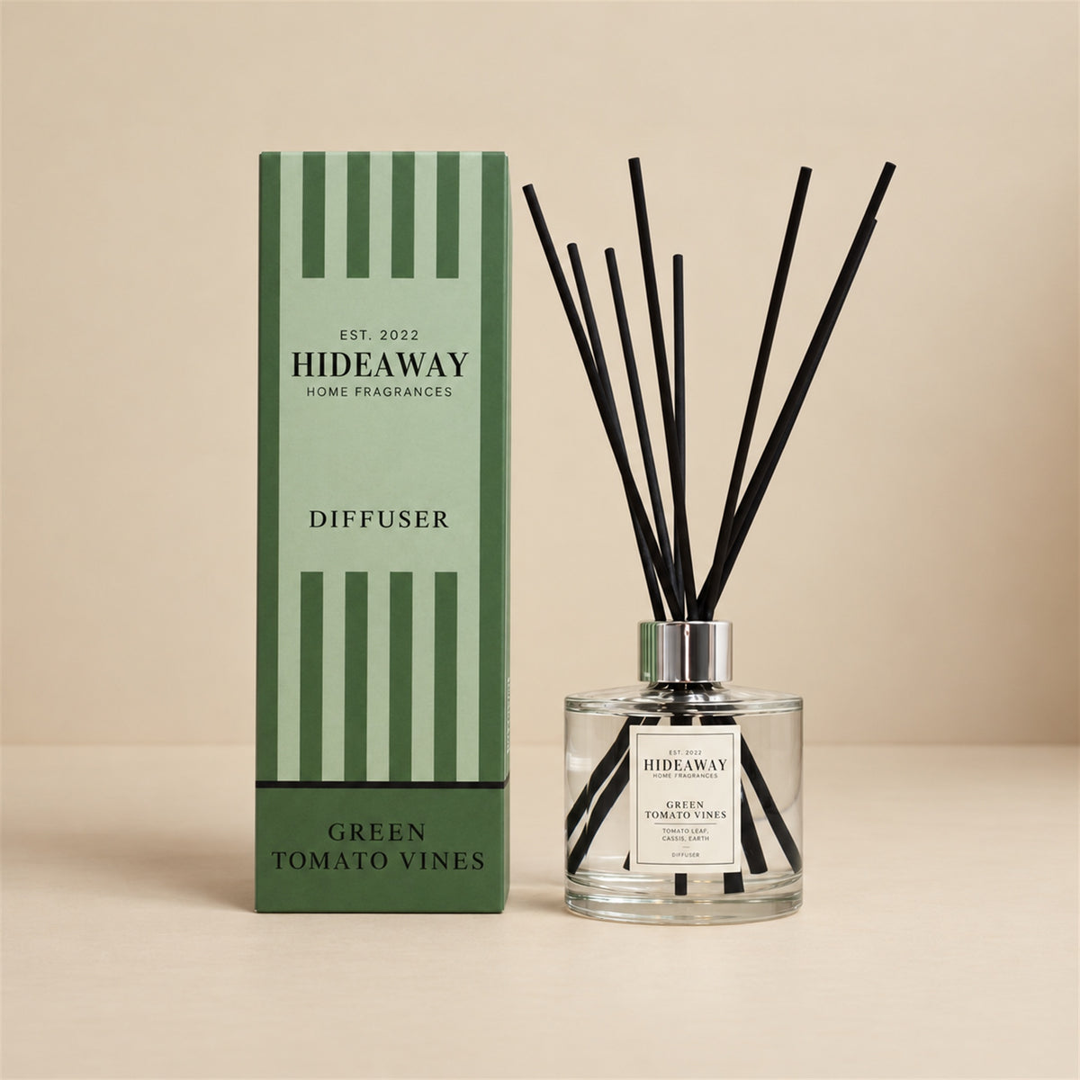 Hideaway Home Fragrances green tomato vines reed diffuser with tomato leaves, cassis, and orange blossom