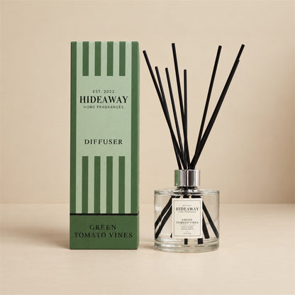 Hideaway Home Fragrances green tomato vines reed diffuser with tomato leaves, cassis, and orange blossom