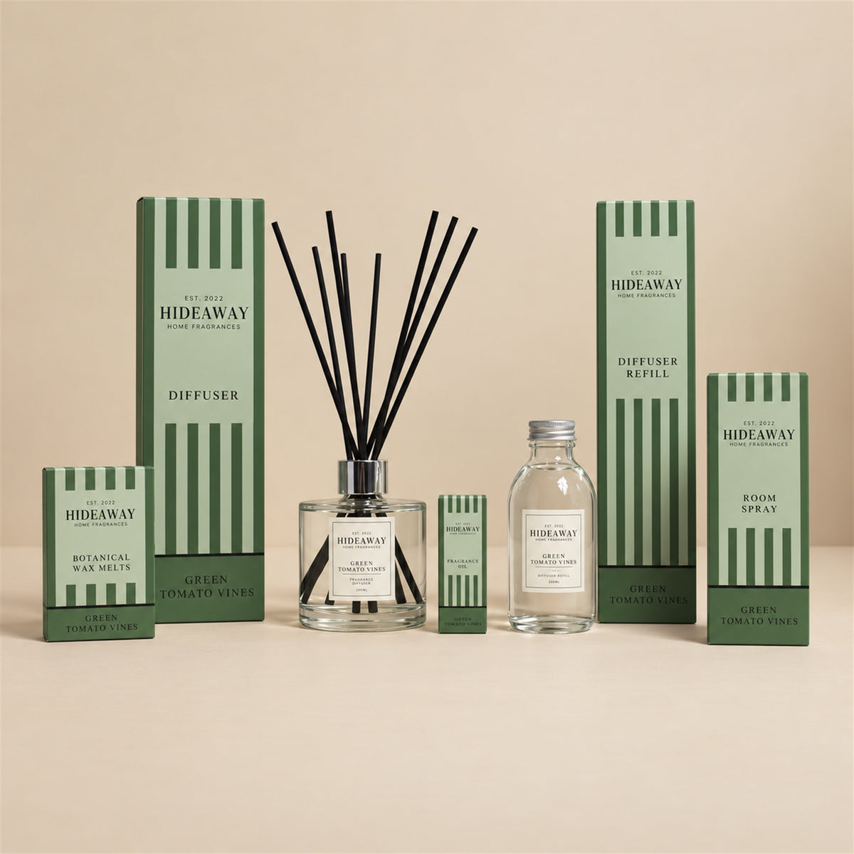 Hideaway Home Fragrances green tomato vines collection including diffusers, candles, wax melts, sprays, and oils