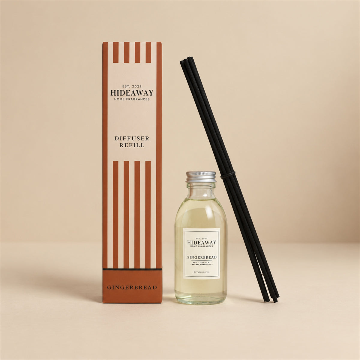 Hideaway Home Fragrances gingerbread reed diffuser refill bottle with anise, cinnamon, and vanilla notes