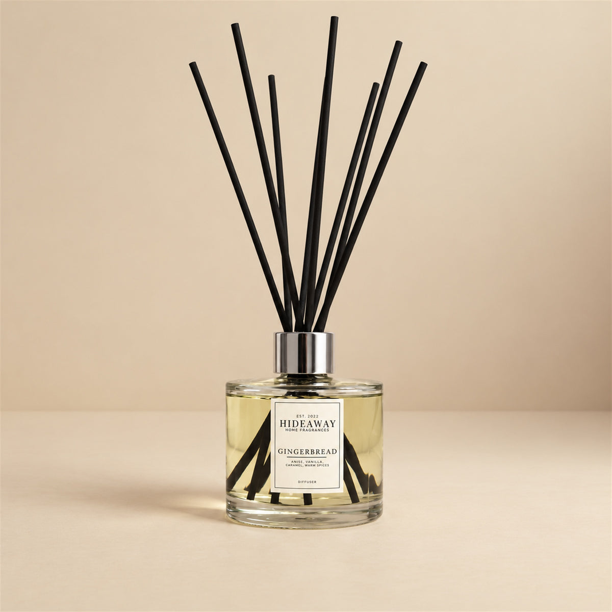 Gingerbread and warm cinnamon reed diffuser by Hideaway Home Fragrances featuring maple syrup, caramel, and cookie notes