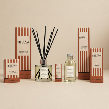 Hideaway Home Fragrances gingerbread collection including diffusers, candles, wax melts, sprays, and oils