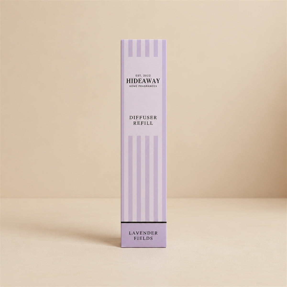 Hideaway Home Fragrances lavender fields reed diffuser refill liquid bottle showing fragrance notes on label