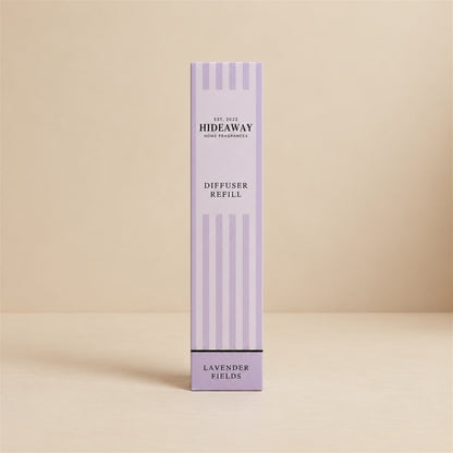Hideaway Home Fragrances lavender fields reed diffuser refill liquid bottle showing fragrance notes on label