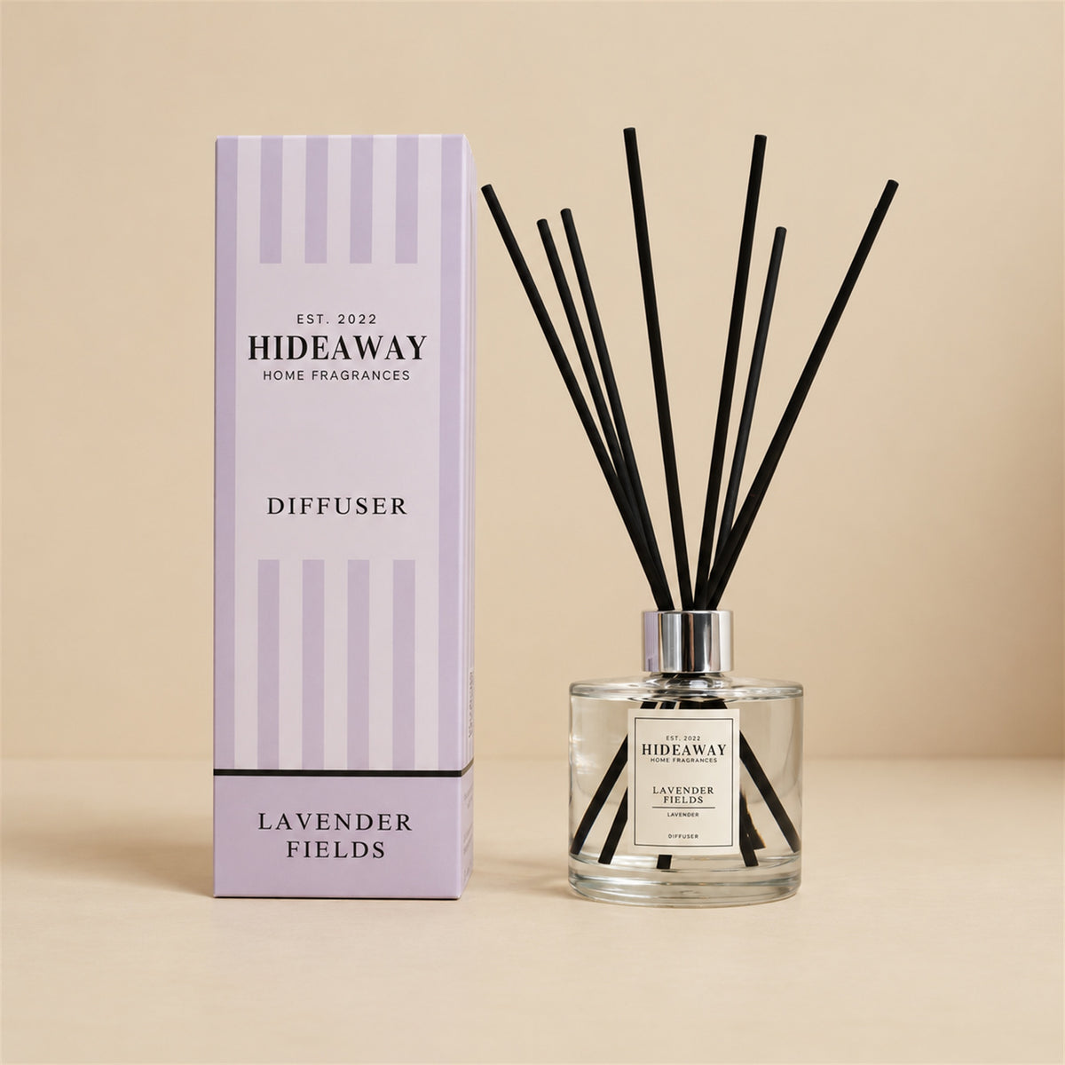 Hideaway Home Fragrances lavender fields reed diffuser bottle with natural reeds for calming home scenting