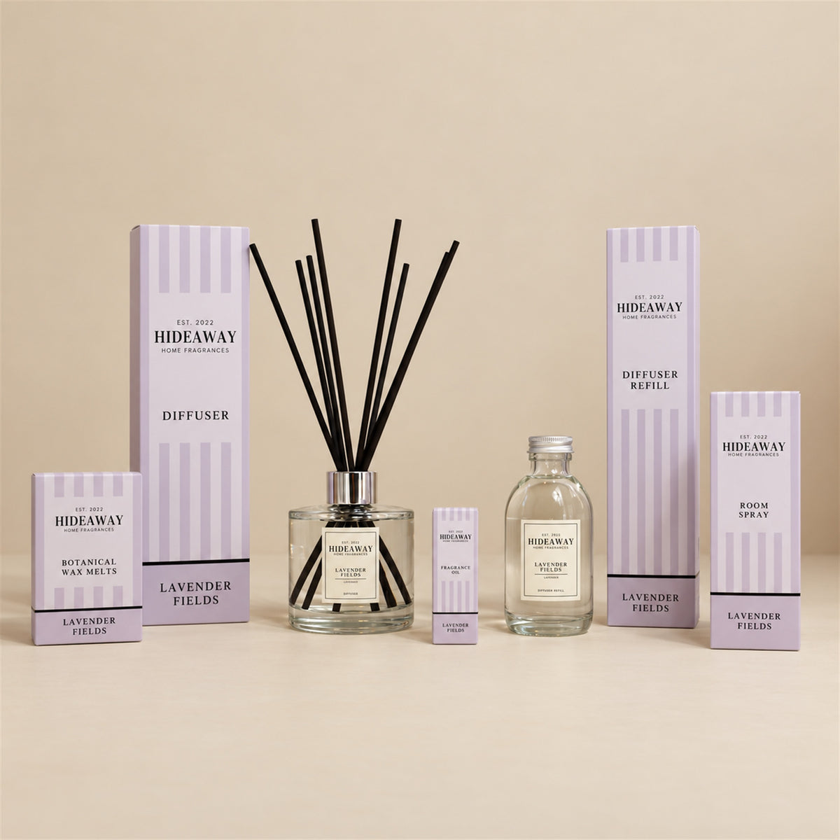 Hideaway Home Fragrances lavender fields collection featuring reed diffusers, candles, wax melts, and sprays