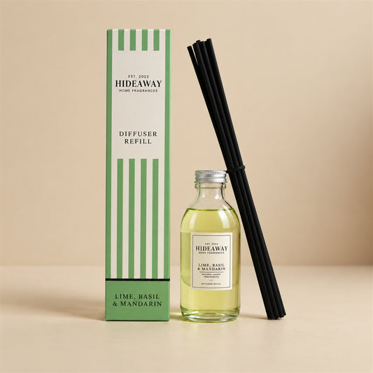 Hideaway Home Fragrances lime basil and mandarin reed diffuser refill bottle with mandarin, basil, and amberwood