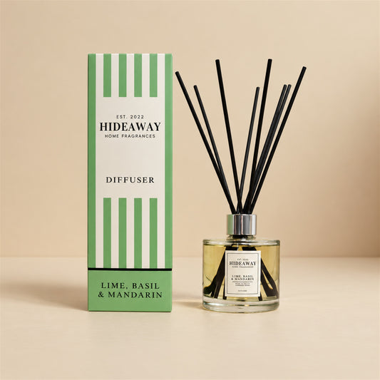Hideaway Home Fragrances lime basil and mandarin reed diffuser with citrus, herbal basil, and amberwood notes