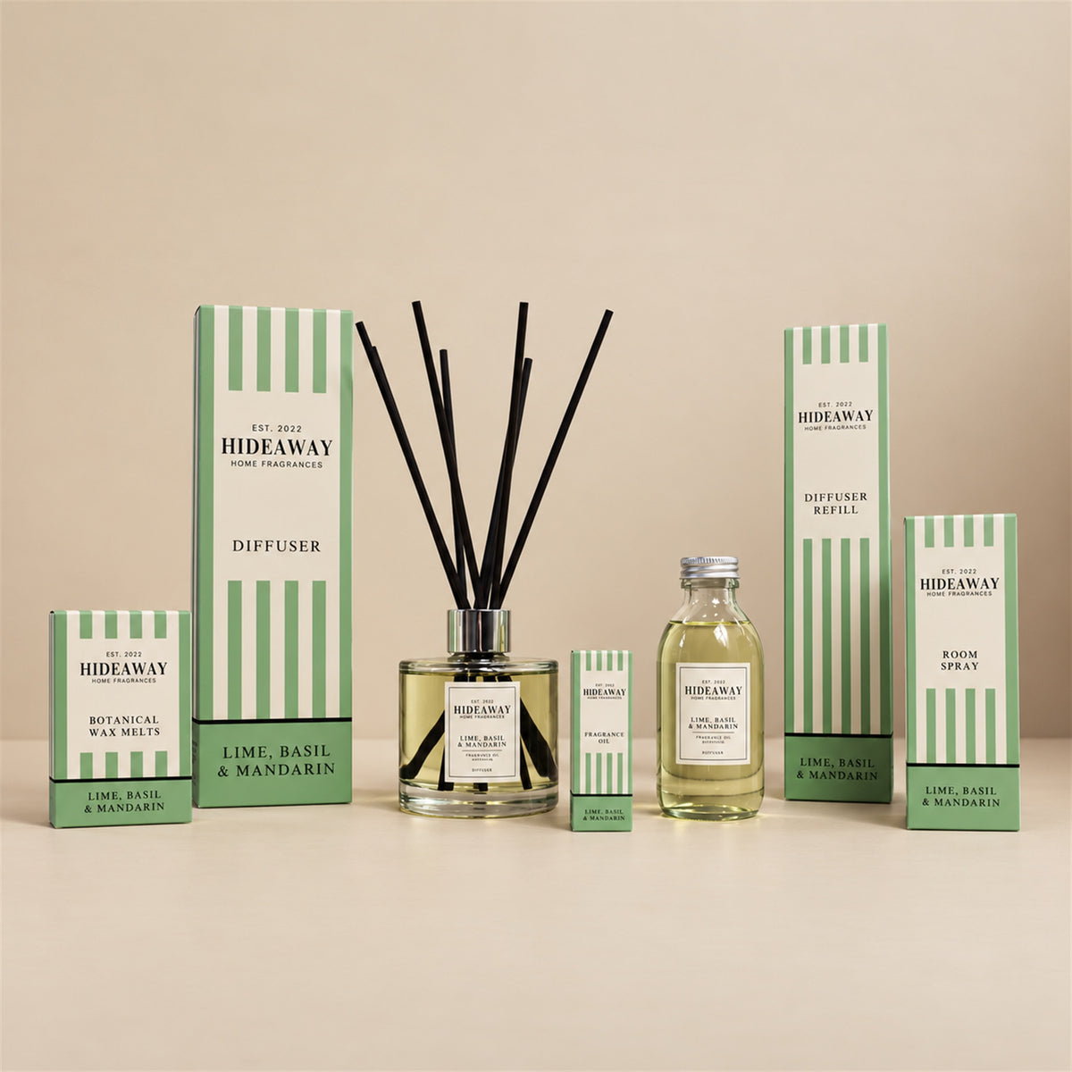 Hideaway Home Fragrances lime basil and mandarin collection including diffusers, candles, wax melts, and sprays