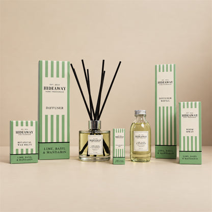 Hideaway Home Fragrances lime basil and mandarin collection including diffusers, candles, wax melts, and sprays