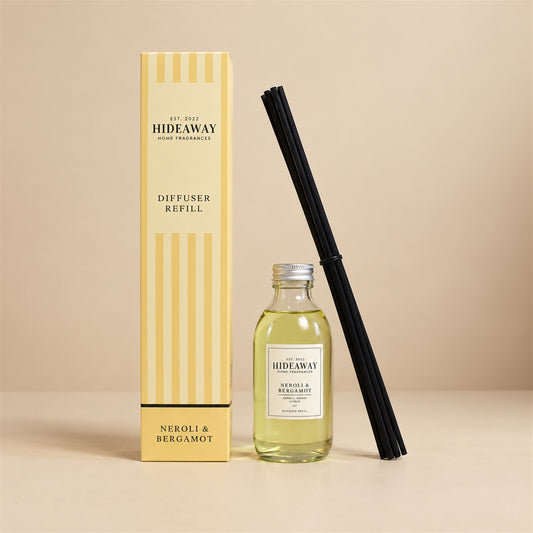 Hideaway Home Fragrances neroli and bergamot reed diffuser refill bottle with mandarin, jasmine, and sheer musk